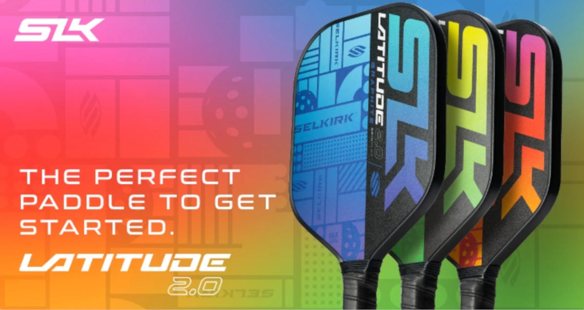 Three SLK Latitude 2.0 paddles with colorful designs and the text 'THE PERFECT PADDLE TO GET STARTED.'