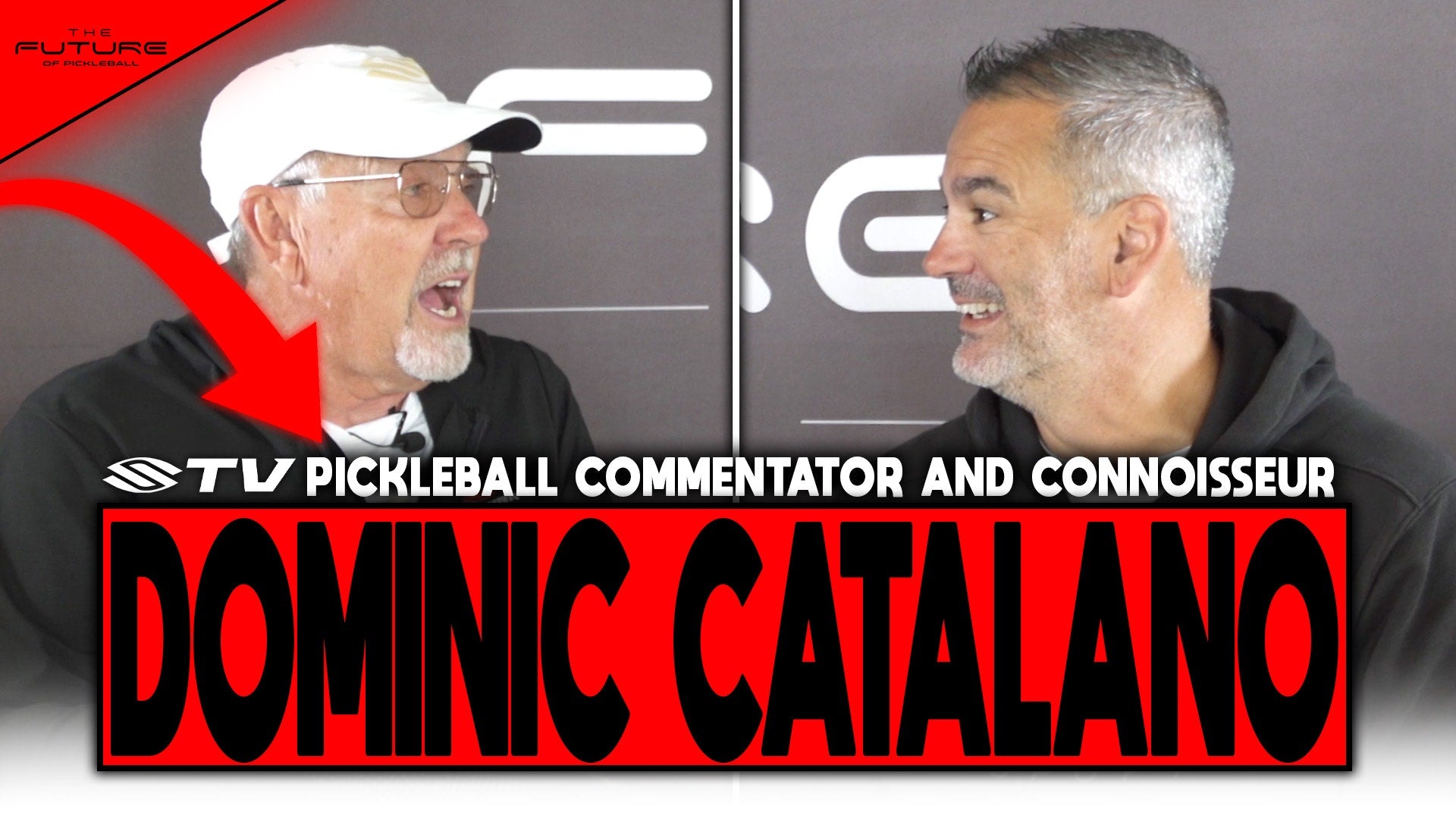Dominic Catalano, pickleball commentator, smiling and engaging with another person.