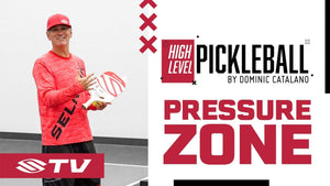Dominic Catalano holding a pickleball paddle, with text 'HIGH LEVEL PICKLEBALL' and 'PRESSURE ZONE'
