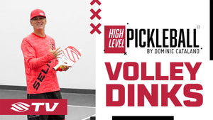 Dominic Catalano demonstrating volley dinks in pickleball, with text 'HIGH LEVEL PICKLEBALL' and 'VOLLEY DINKS'