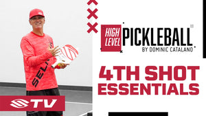 A man in a red shirt holding a pickleball paddle, with text '4th Shot Essentials' and 'HIGH LEVEL PICKLEBALL'