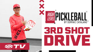 A man in a red shirt holding a pickleball paddle, with the text '3RD SHOT DRIVE' and 'HIGH LEVEL PICKLEBALL'