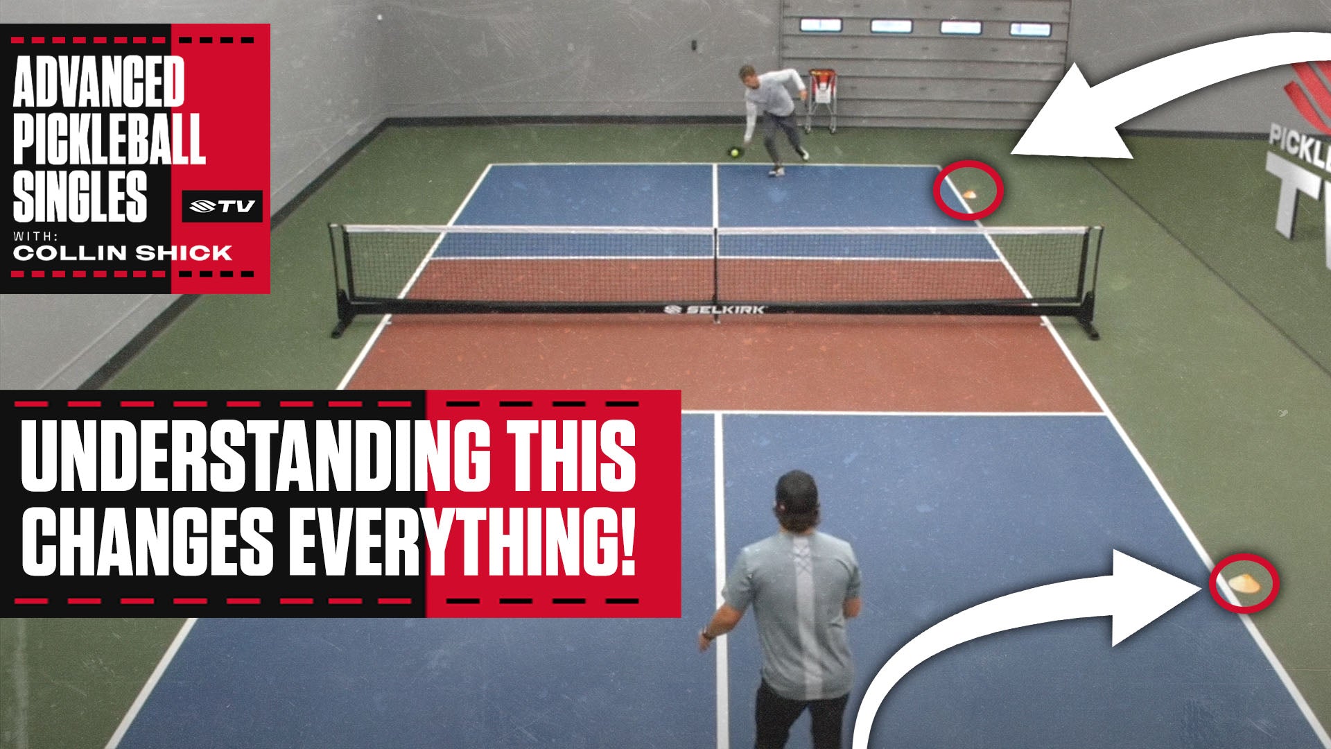 Collin Shick moves toward the kitchen to receive an attackable ball on an indoor pickleball court. Text: 'UNDERSTANDING THIS CHANGES EVERYTHING!'