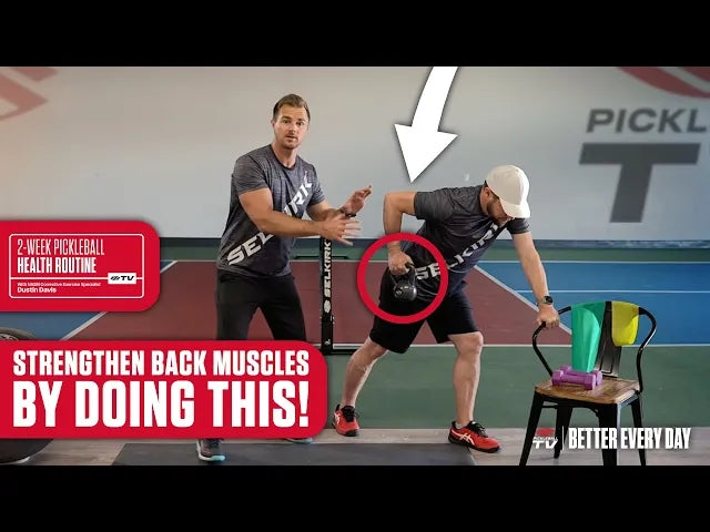 Dustin Davis demonstrating tricep extensions with a man near a pickleball court. Text: 'STRENGTHEN BACK MUSCLES BY DOING THIS!'