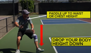 A player demonstrating the 3rd shot drop technique with text: 'Paddle up to waist or chest height' and 'Drop your body height down.'