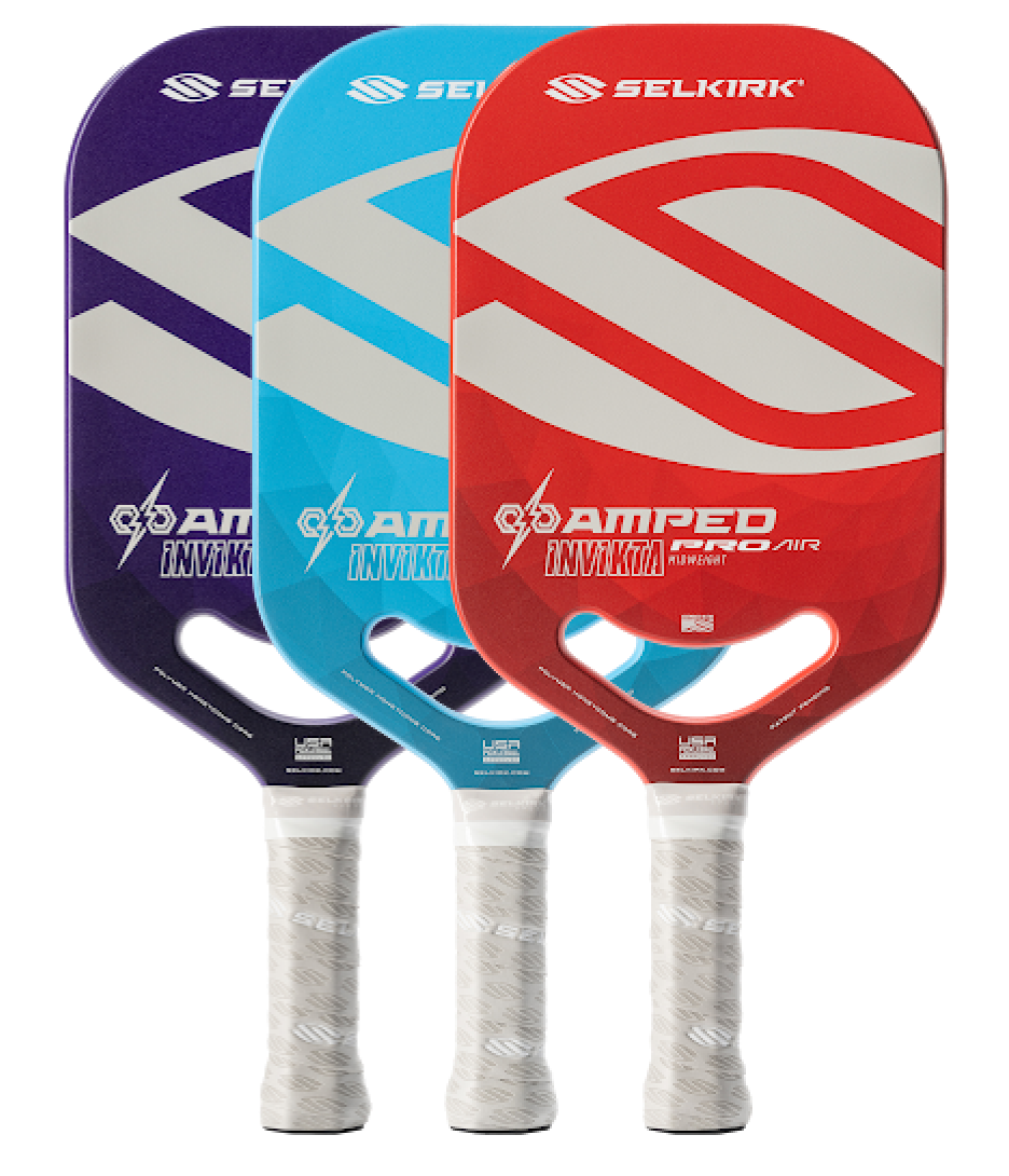 Three Selkirk Amped Pro Air pickleball paddles in purple, blue, and red.