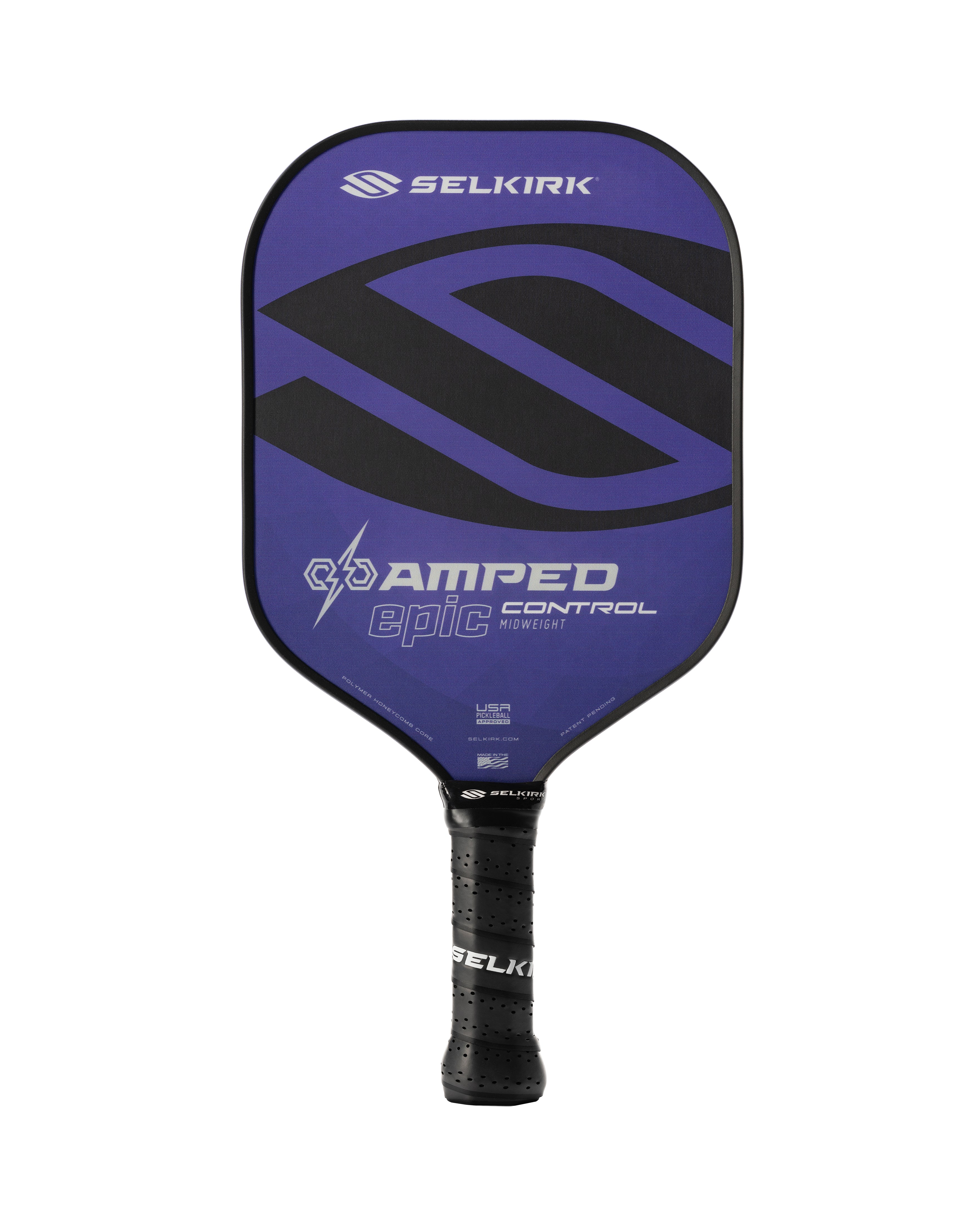 Purple Selkirk AMPED Control pickleball paddle with a textured surface