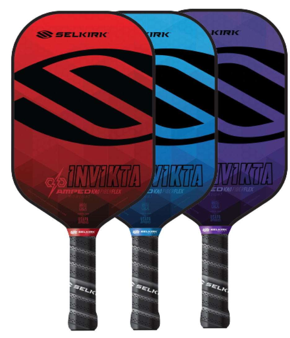 Three Selkirk Invikta pickleball paddles in red, blue, and black.