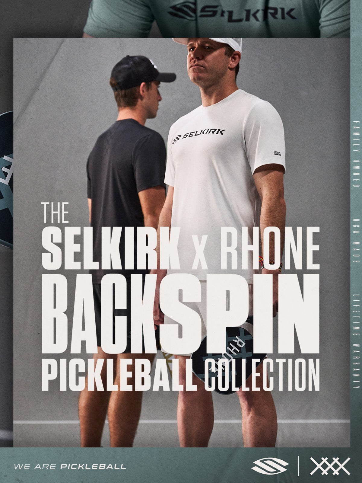 Banner with text reading the Selkirk x Rhone Backspin pickleball collection