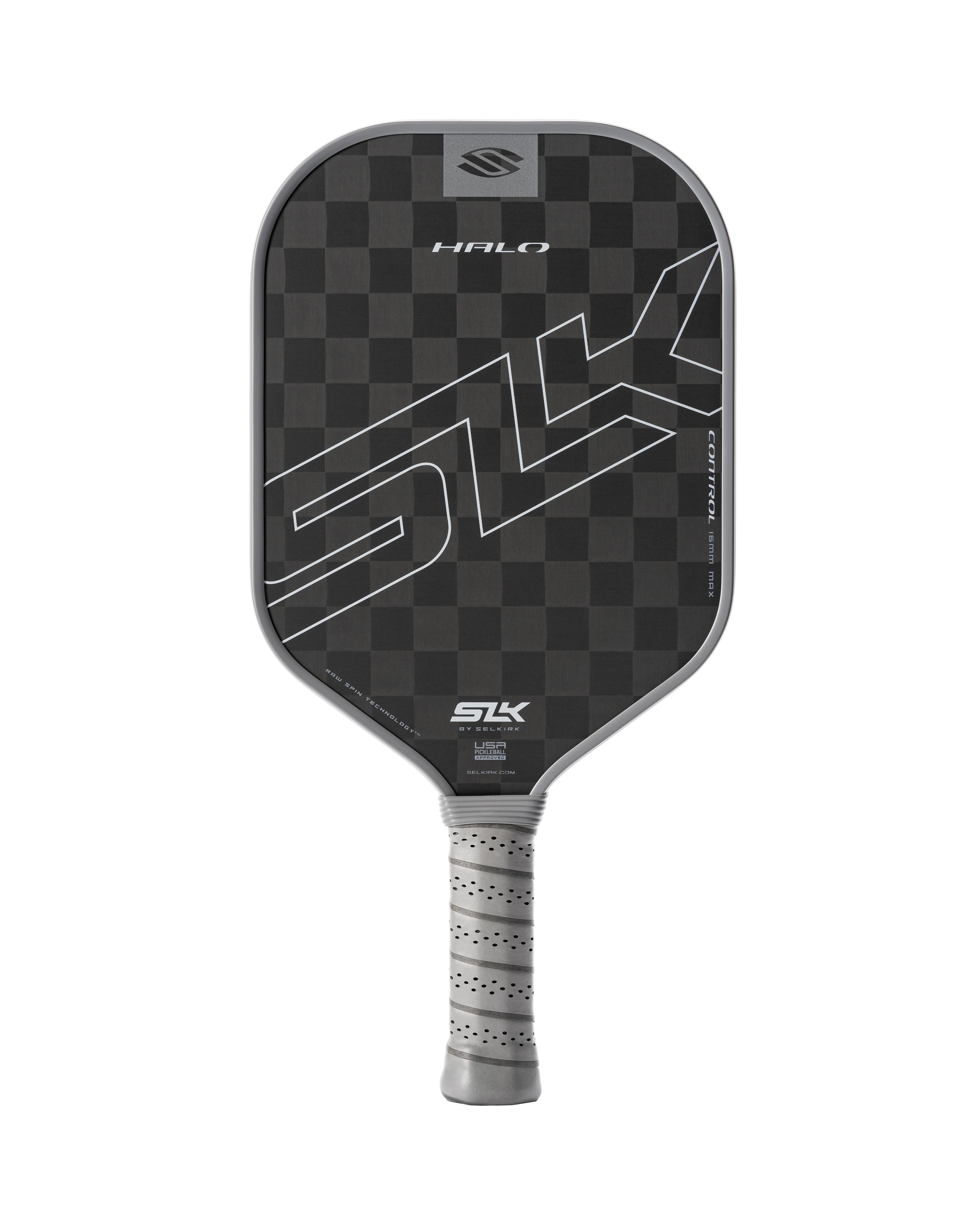 SLK HALO Control pickleball paddle with a checkerboard pattern and gray grip