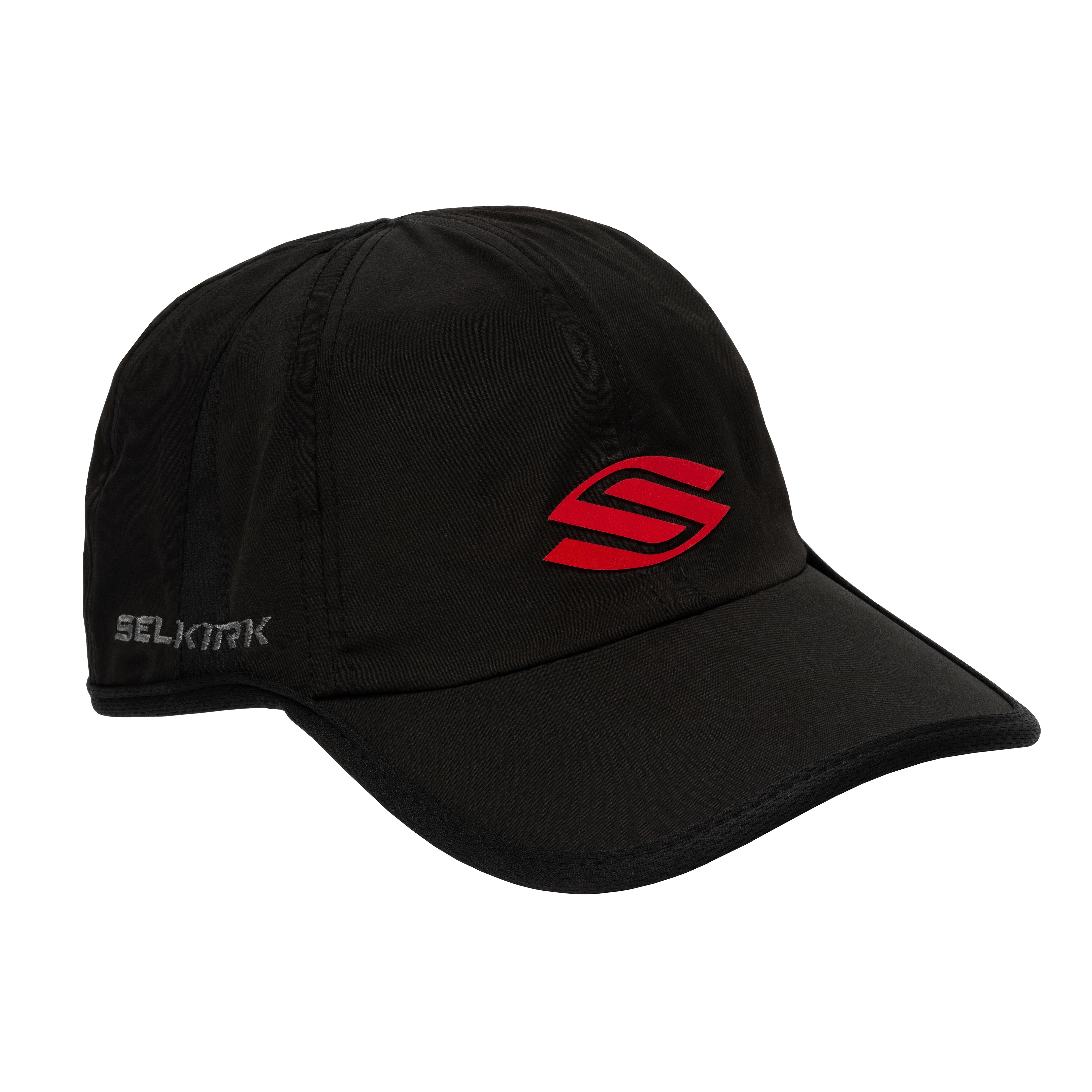 Selkirk Performance Core Hat in black with red logo, designed for pickleball players.
