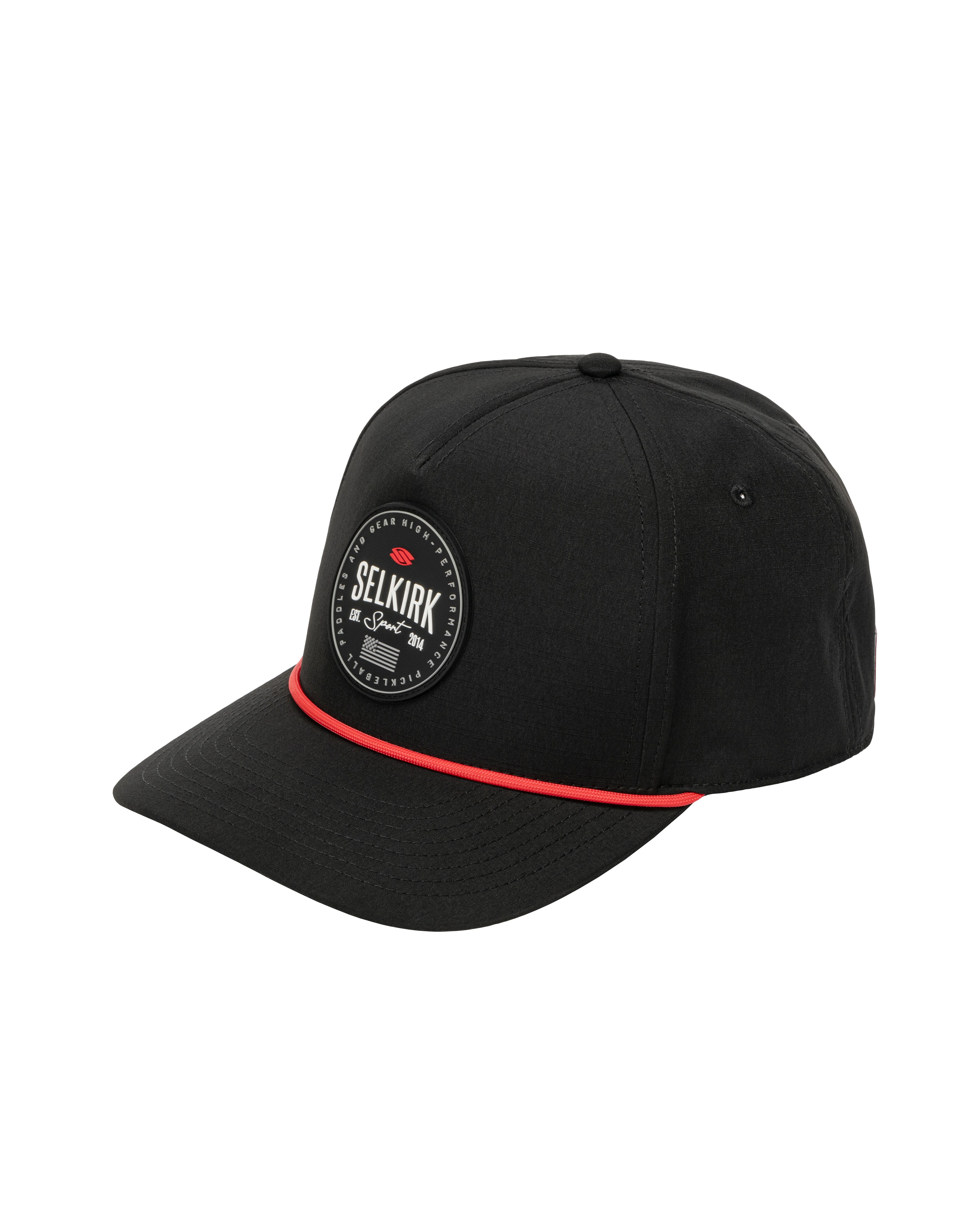 Black Selkirk Sport Pickleball Club Rope Hat with red rope detail and emblem on front