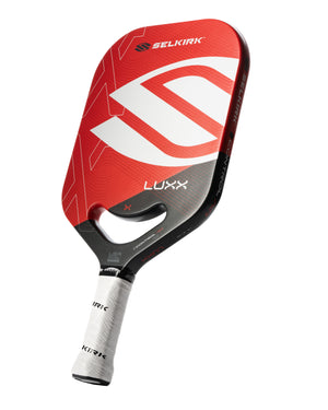 Selkirk Luxx Control Air S2 Pickleball Paddle in red, gold, and blue.