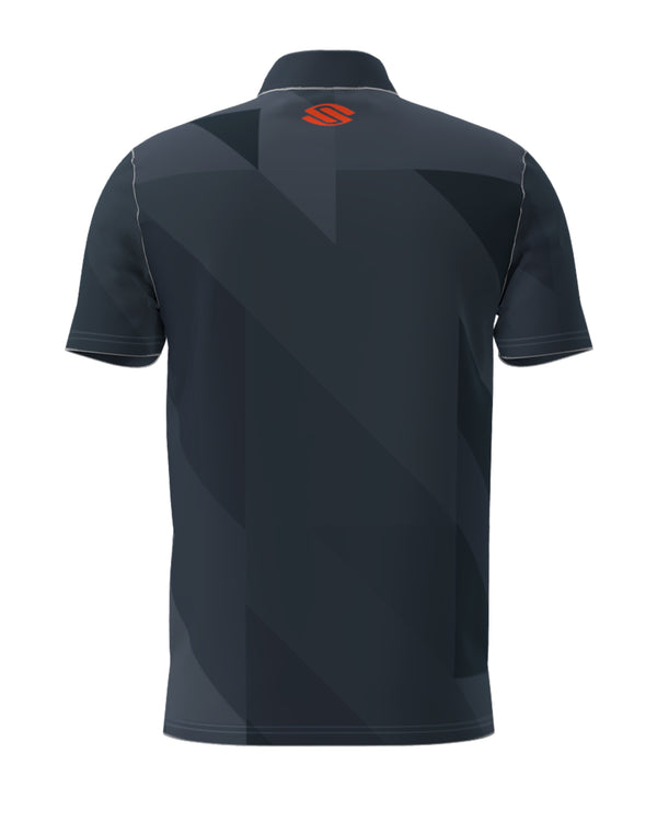 Selkirk Sport men's Symmetrix polo pickleball tee shirt in black, grey, and red.
