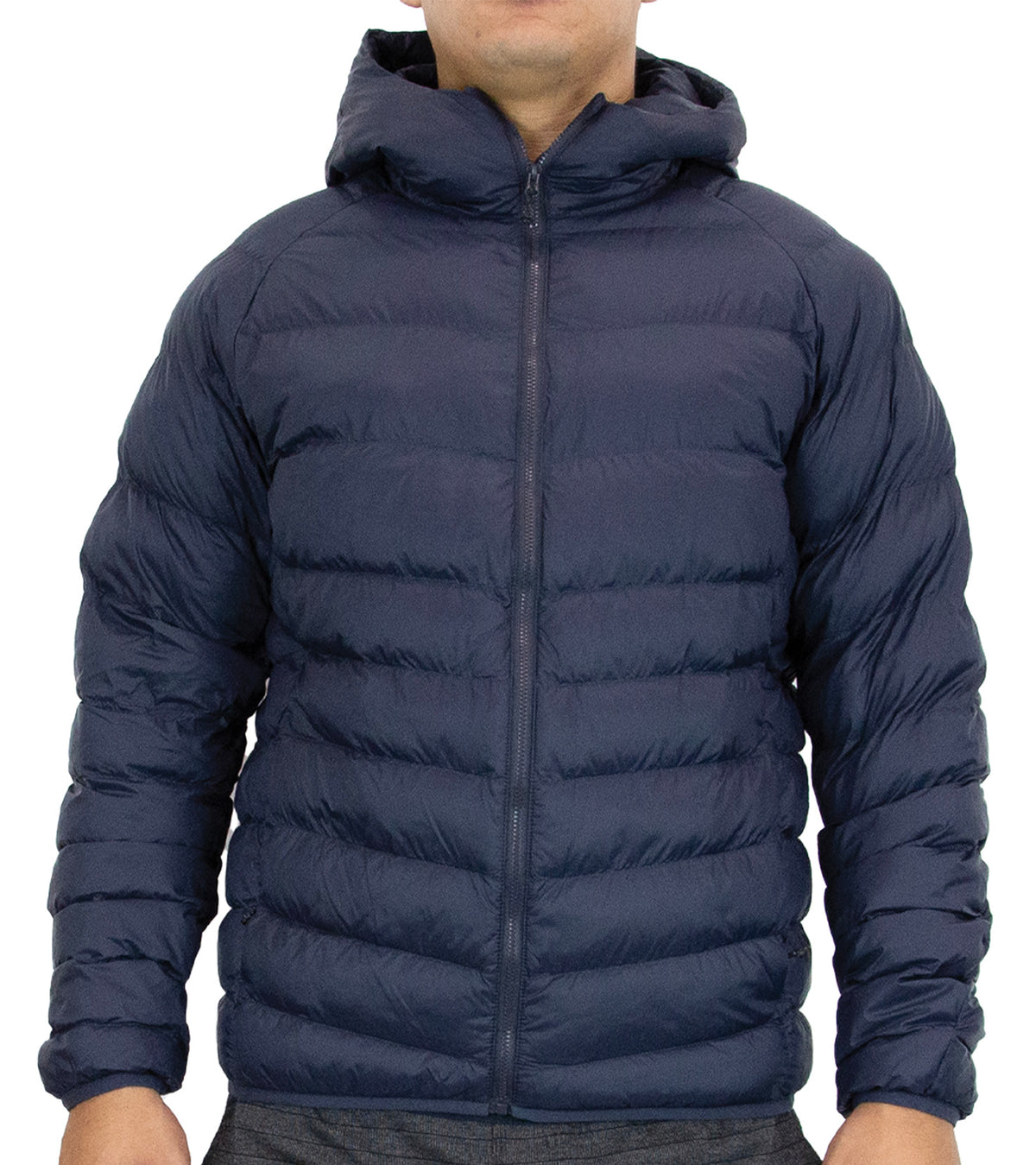 Navy Owen Collection Parker Winter Puffer Jacket on a model, featuring a hood and zip front.