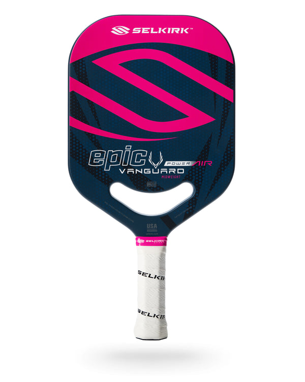 Selkirk VANGUARD Power Air pickleball paddle with a colorful design featuring pink and navy blue colors.