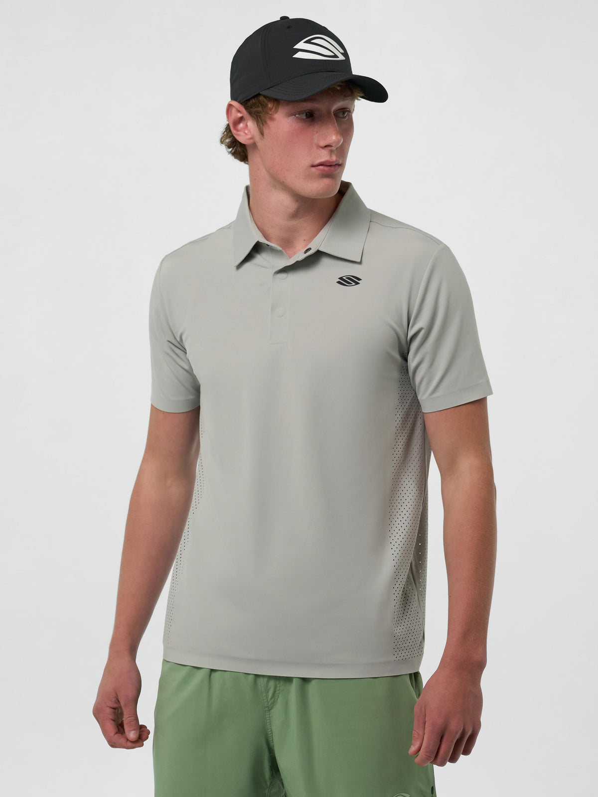 Model wearing Ozone Men's Pro Line Performance Polo in light gray
