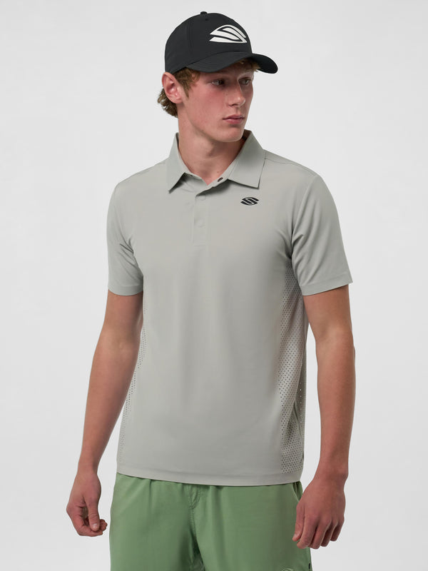 Model wearing Ozone Men's Pro Line Performance Polo in light gray