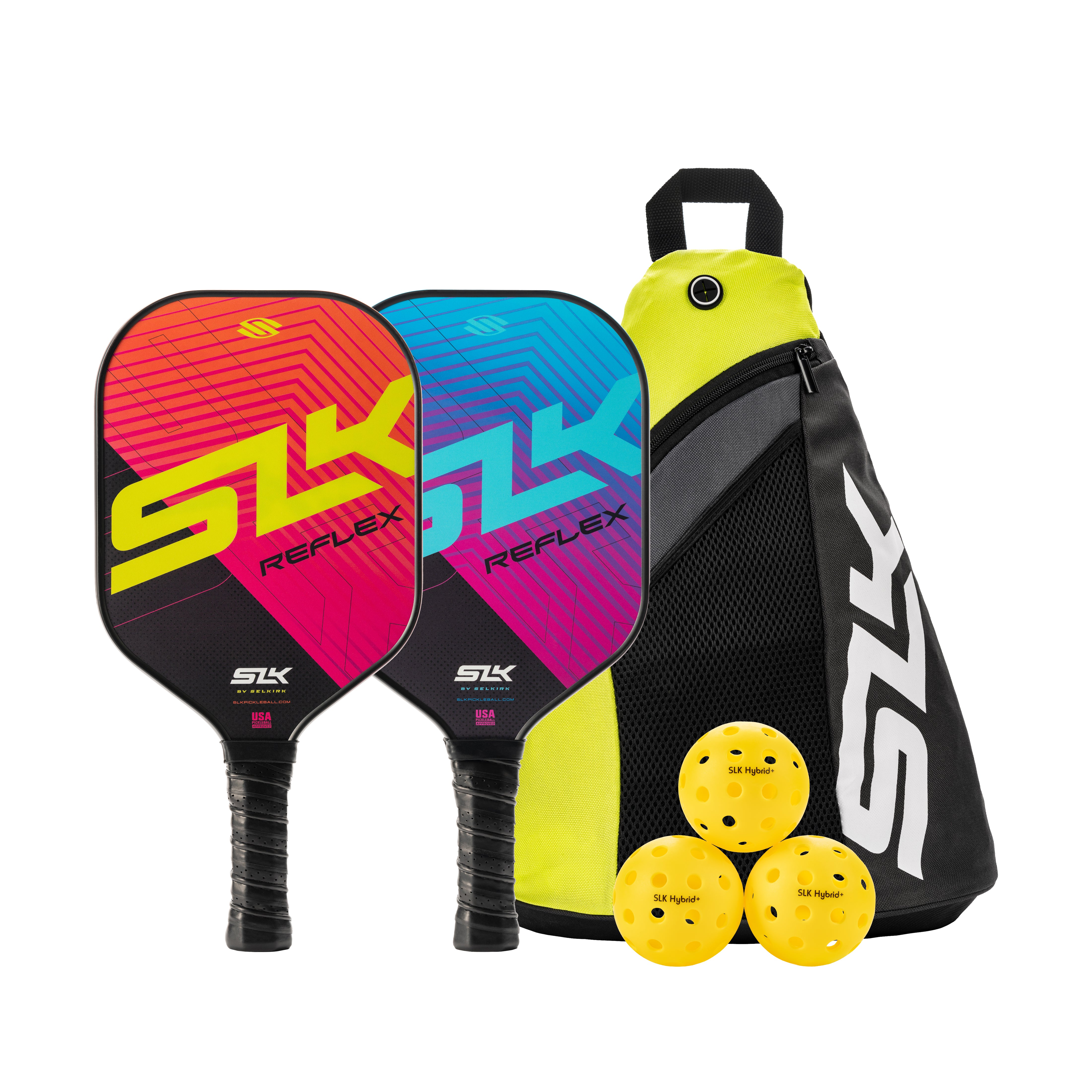 Selkirk SLK Reflex Pickleball Bundle, with pickleball paddles, balls, and bag.