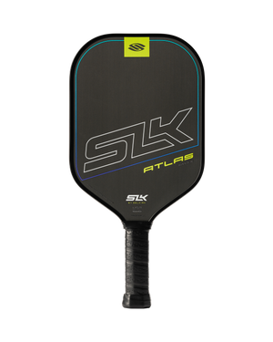 SLK Atlas pickleball paddle in Oasis color with raw carbon surface and grip