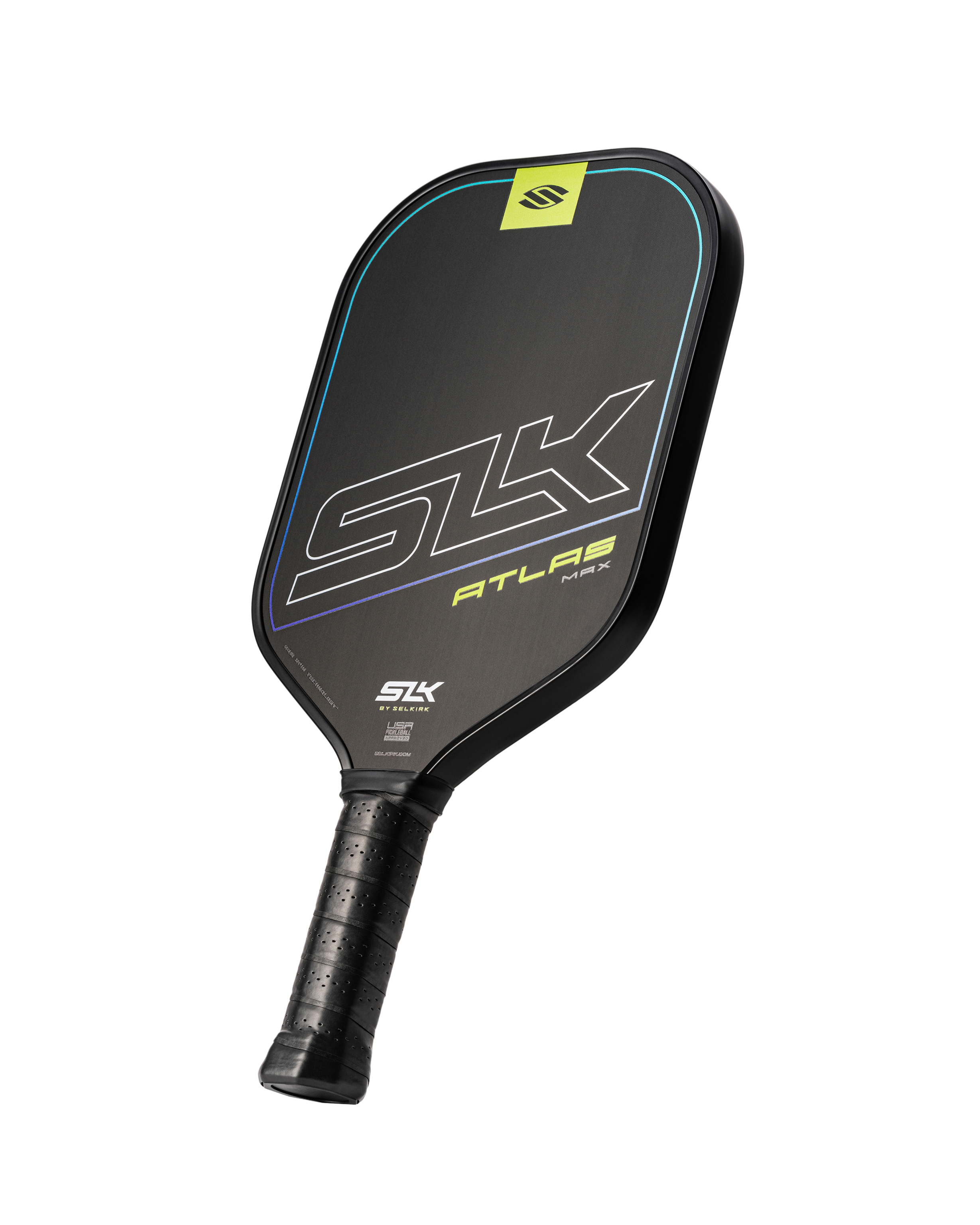 SLK Atlas Max pickleball paddle in Oasis color, showcasing its design and grip.