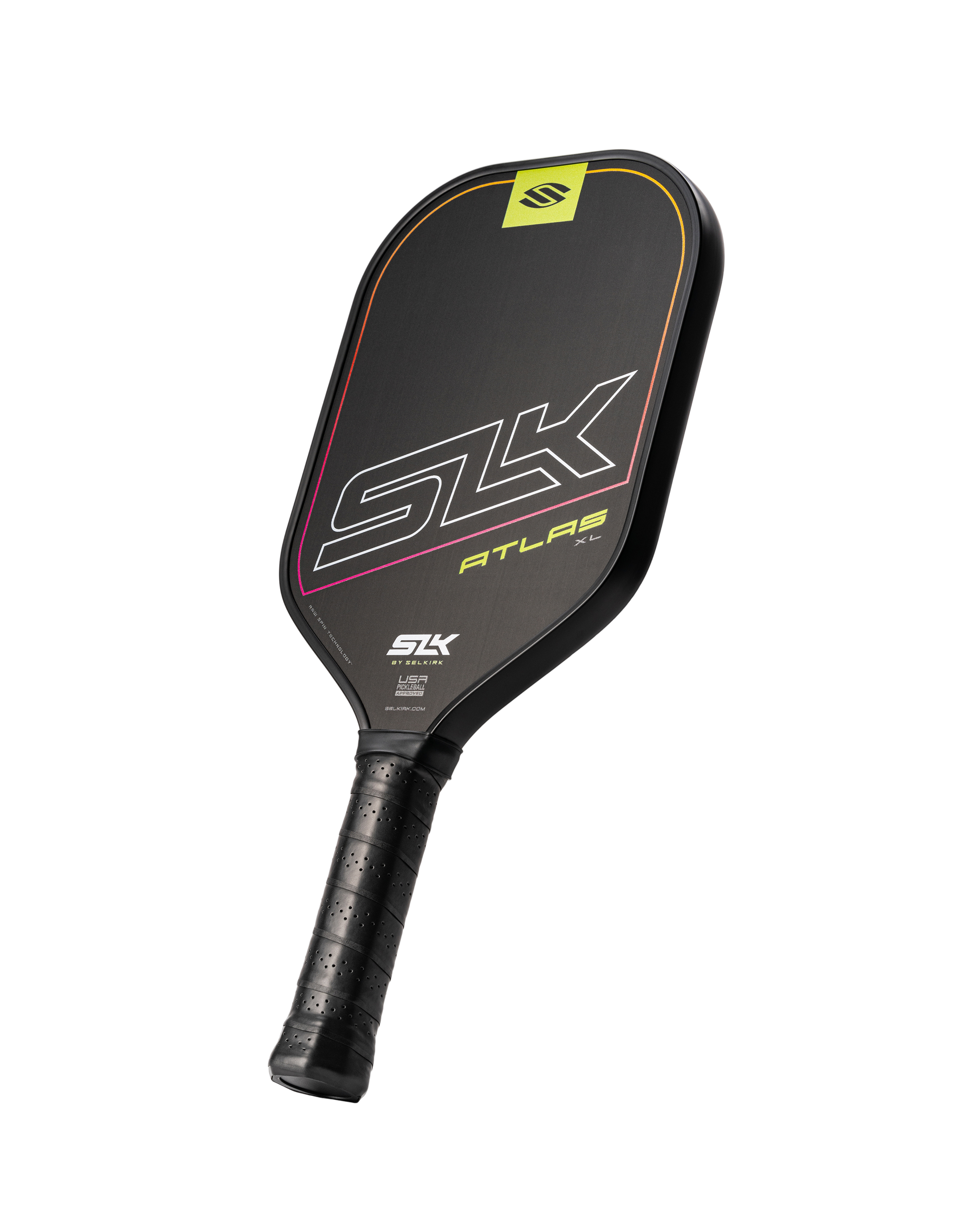 SLK Atlas XL Pickleball Paddle, designed for beginner players, featuring a sleek black design with colorful accents.