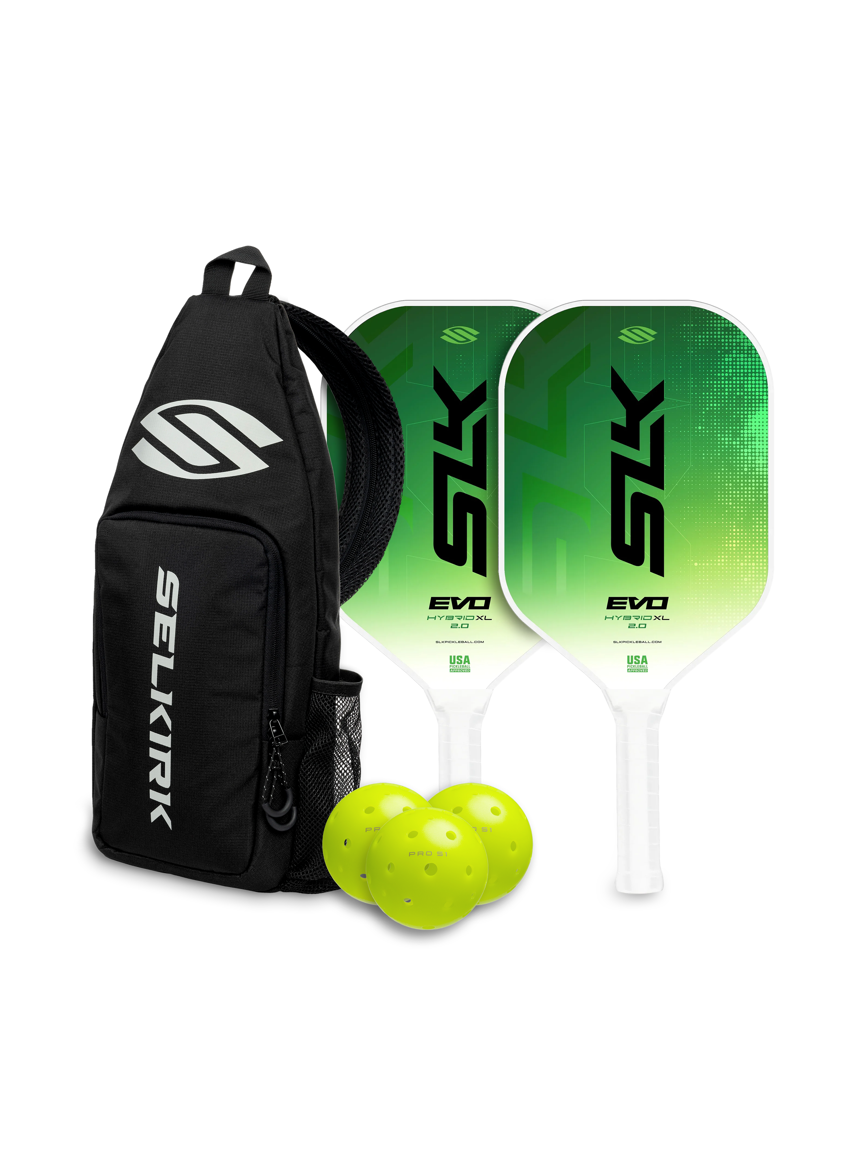 Selkirk SLK EVO hybrid pickleball paddle bundle in green.