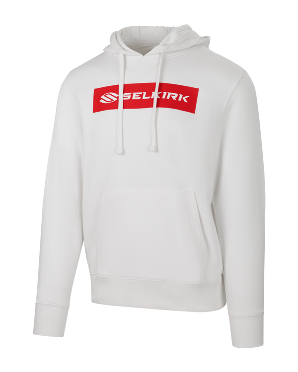 White hoodie with red logo from Selkirk Sport Sideline Collection, showcasing soft cotton fabric and adjustable draw cords.