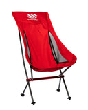 A red foldable chair with the Selkirk logo in white on the top.