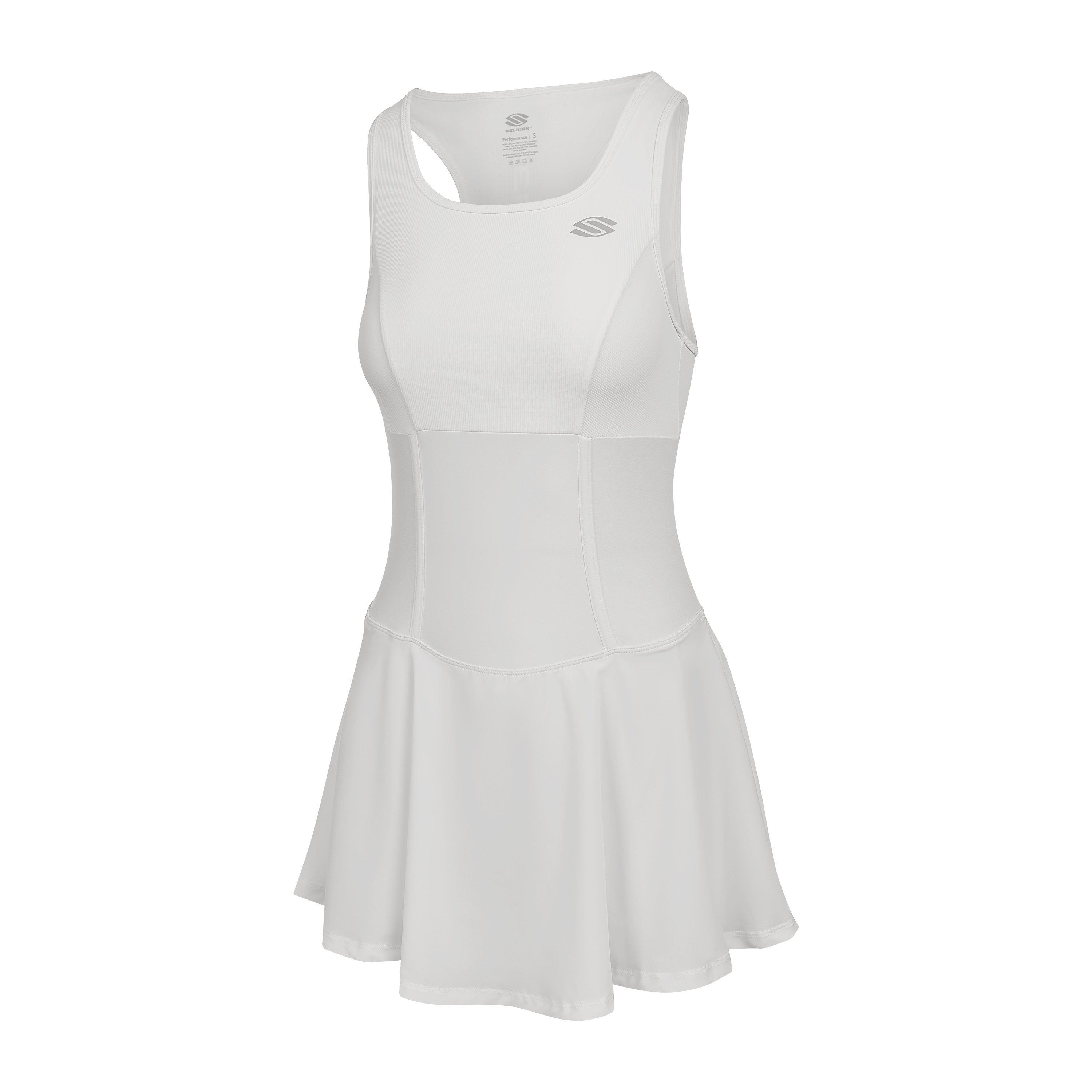 White women's dress with a flared skirt and racerback design.