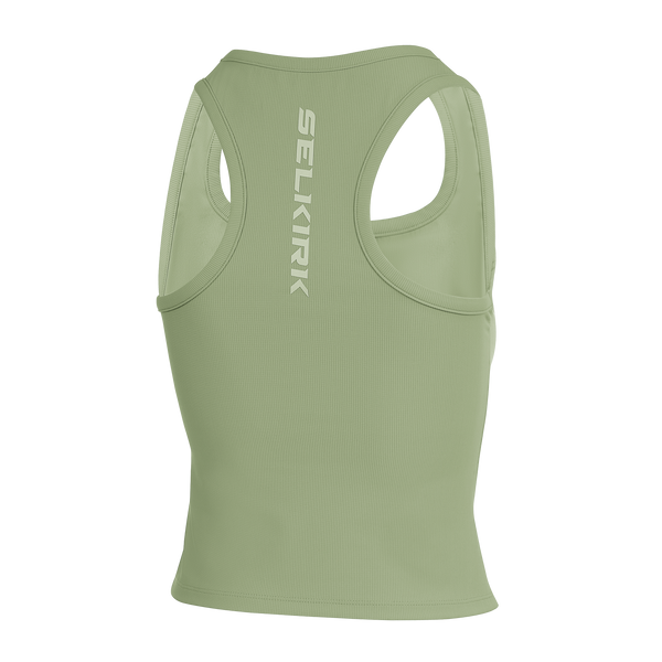 Selkirk pickleball women's tank top in blue, green, and white.