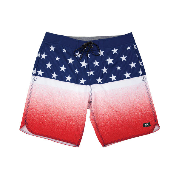 Men's Flag Boardshorts featuring a red, white, and blue flag design