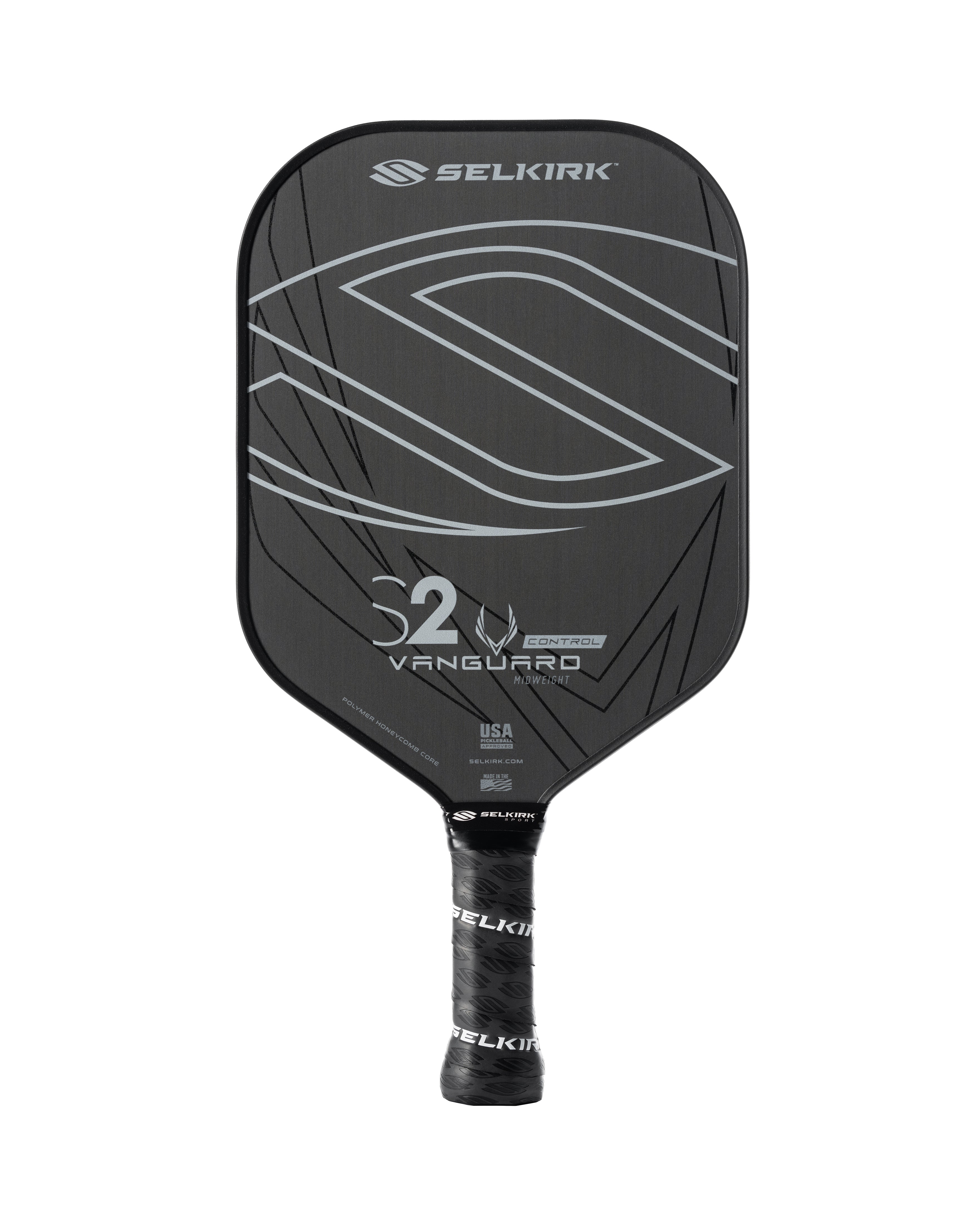 Selkirk Vanguard Control S2 Pickleball Paddle with a sleek black design and textured grip.