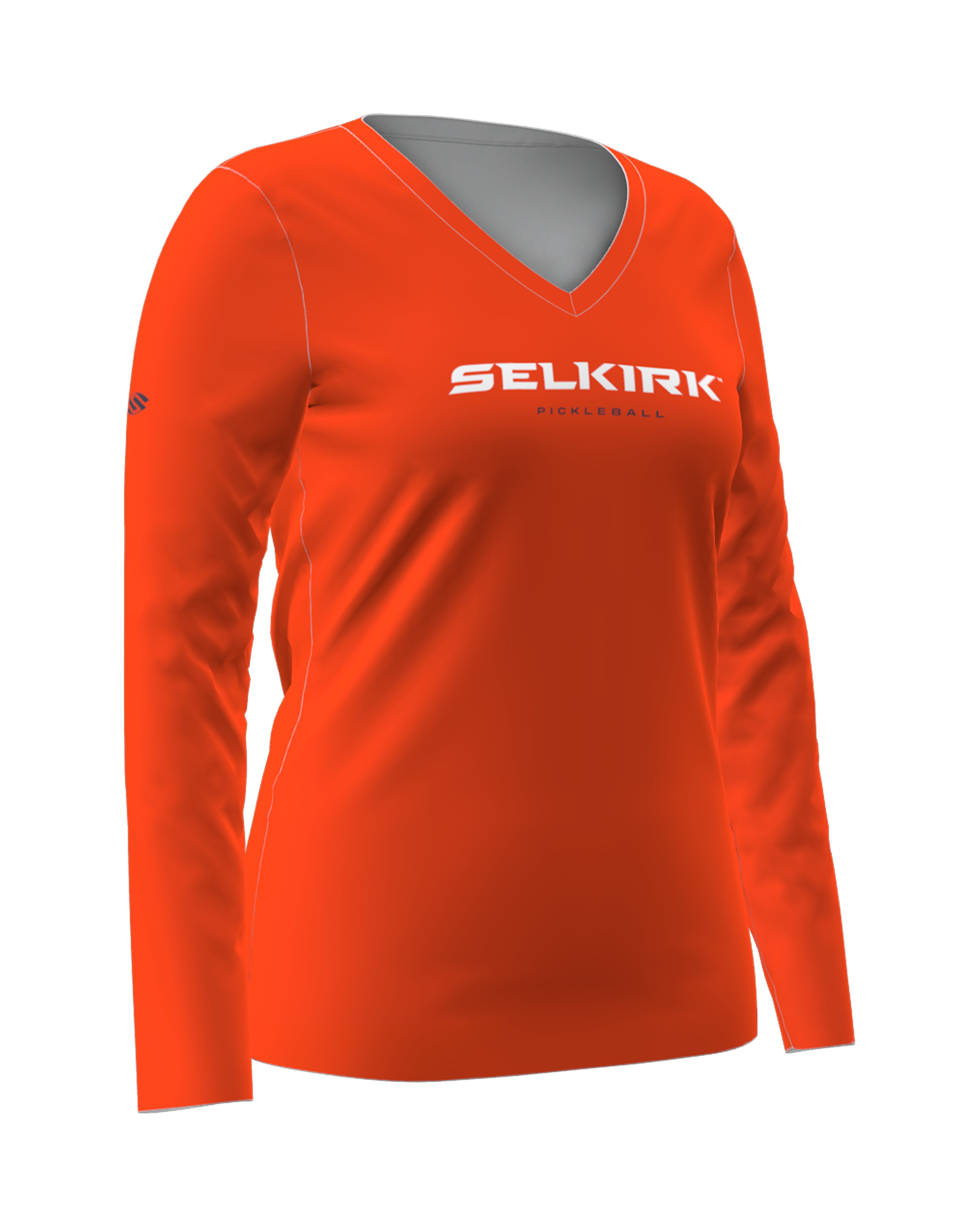 Orange Women's Symmetrix Long Sleeve V-Neck Tee with 'Selkirk' text on front
