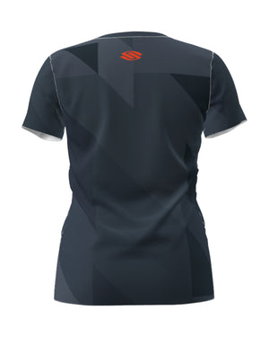 Selkirk Sport women's Symmetrix short-sleeve v-Neck pickleball t-shirt in black, grey, and red.