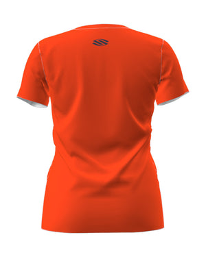 Selkirk Sport women's Symmetrix short-sleeve v-Neck pickleball t-shirt in black, grey, and red.