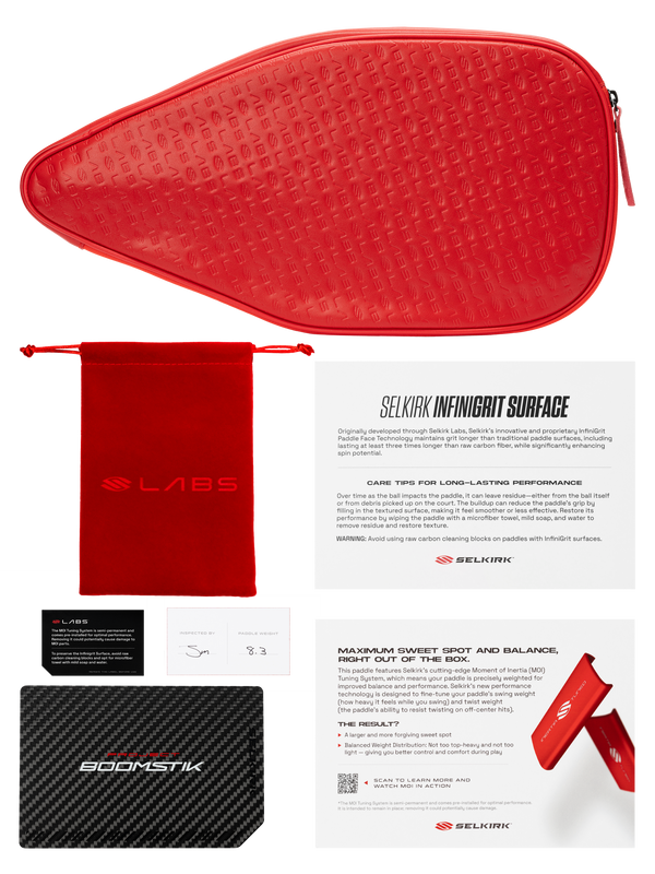 Selkirk LABS Project Boomstik pickleball paddle retail box accessories.