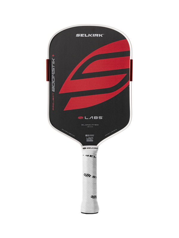 Selkirk LABS Project Boomstik pickleball paddle elongated shape in black, red, and white.