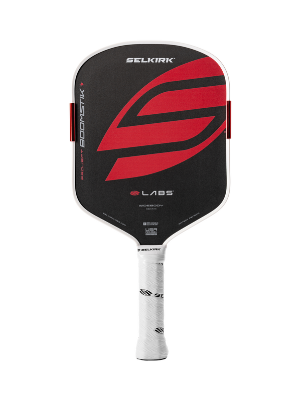 Selkirk LABS Project Boomstik pickleball paddle widebody shape in black, red, and white.