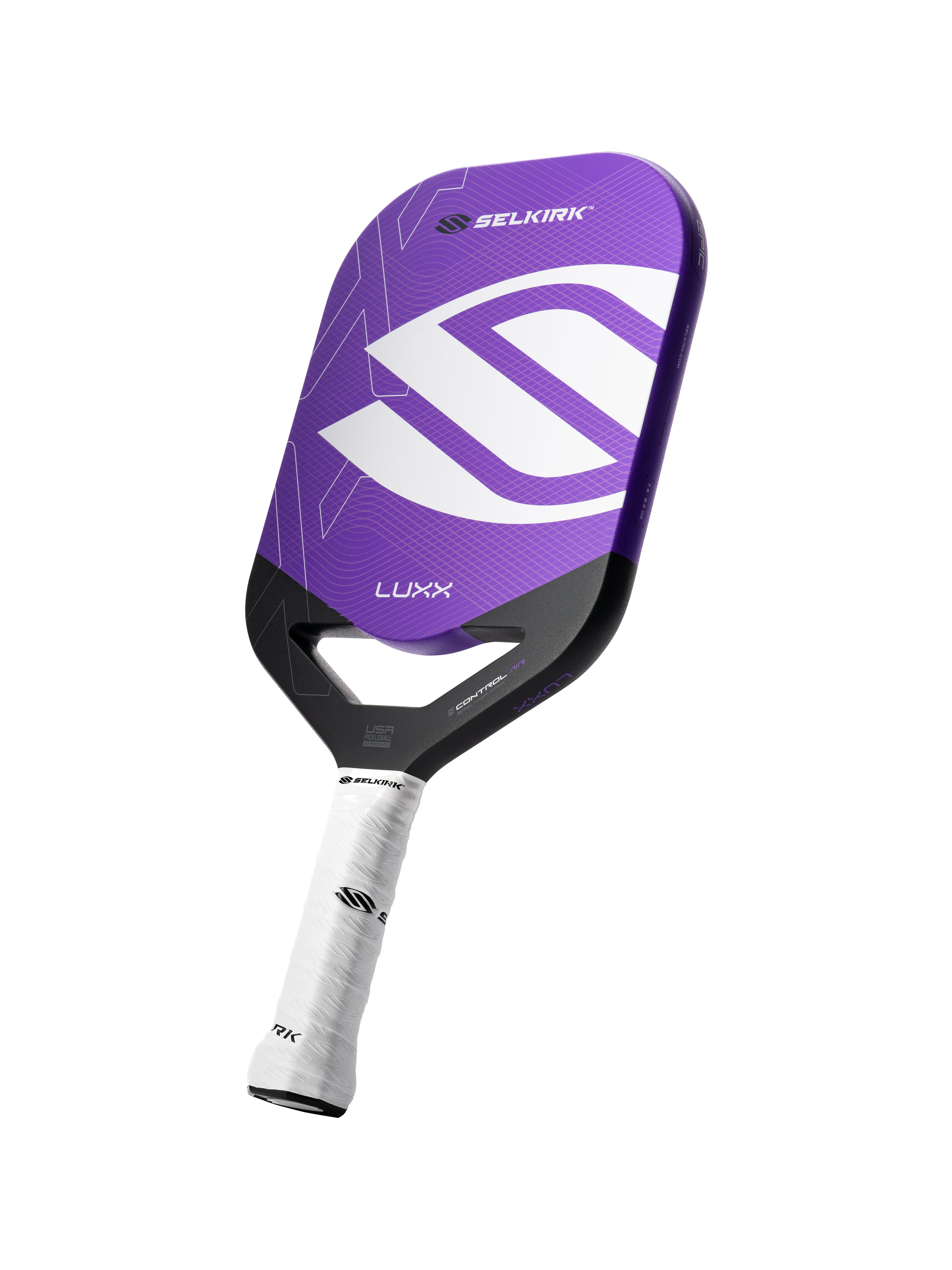 Selkirk LUXX Control Air Pickleball Paddle with InfiniGrit in the Epic paddle shape. In blue, red, and purple.