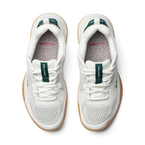 Selkirk Courtstrike women's pickleball shoes in white, green, and gum color.