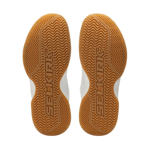 Selkirk Courtstrike women's pickleball shoes in white, green, and gum color.