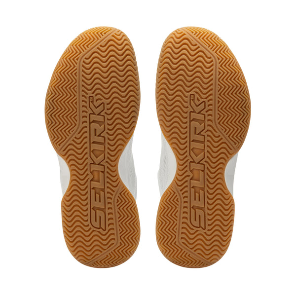 Selkirk Courtstrike women's pickleball shoes in white, green, and gum color.