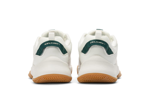 Selkirk Courtstrike women's pickleball shoes in white, green, and gum color.