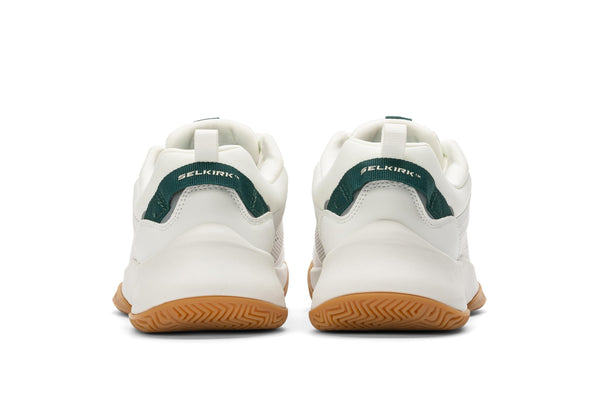 Selkirk Courtstrike women's pickleball shoes in white, green, and gum color.