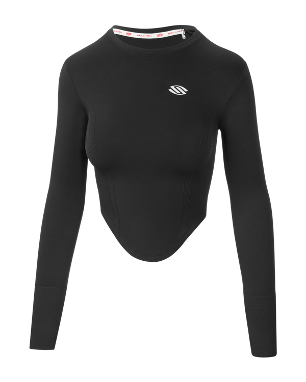 Black long sleeve seamless top with cropped style and logo