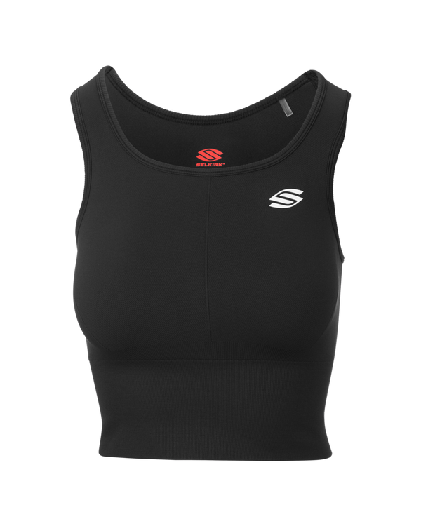 Black seamless fitted tank top with logo on the front