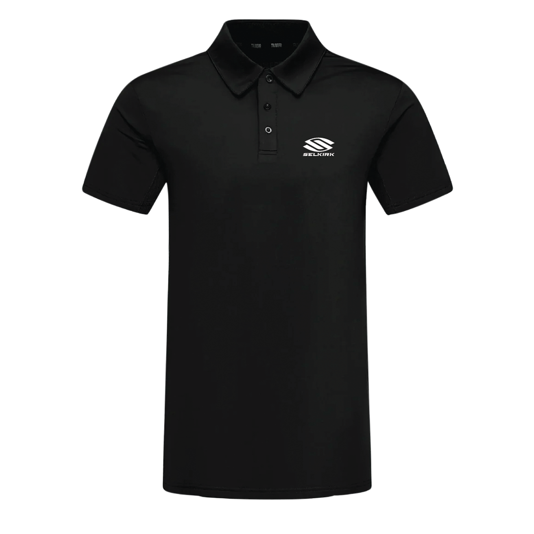 Black Selkirk TruWear men's polo shirt with logo, designed for active lifestyles.