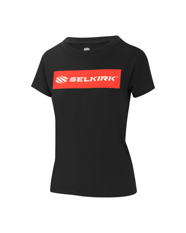 Black short sleeve tee with Selkirk logo in red