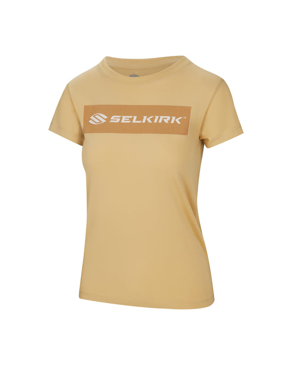 Tan Selkirk Sport Women's Sideline Soft Cotton Short Sleeve Tee with a brown stripe